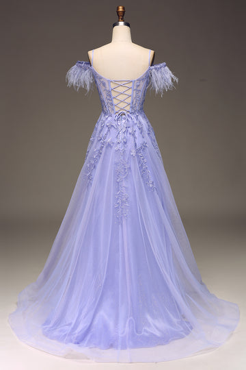 A-Line Cold Shoulder Lilac Corset Prom Dress with Appliques